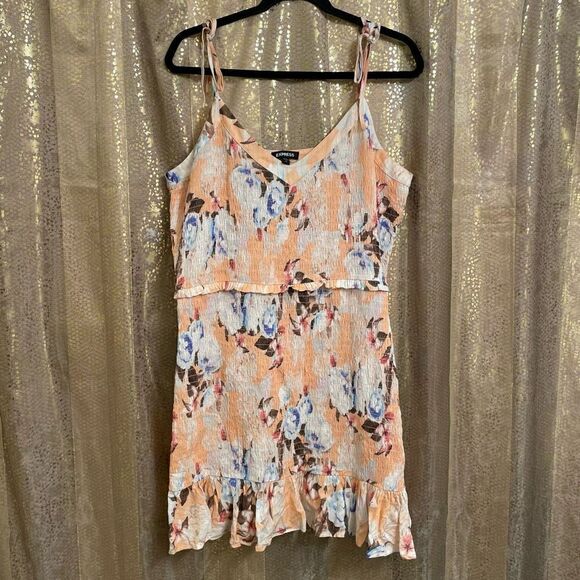 Express Peachy Pink Floral Smocked Mini Dress, XL NWT - Picture 1 of 6